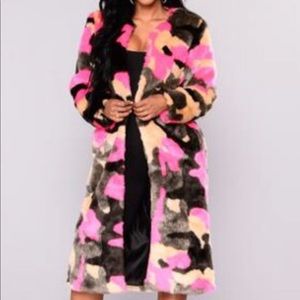 Pink camo faux fur coat
